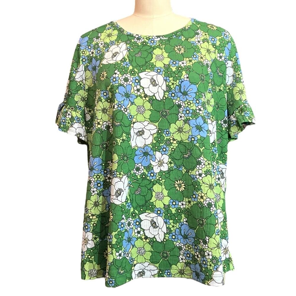 Kim & Cami Los Angeles Women's Green Floral Print Flutter Sleeve Blouse SZ XL